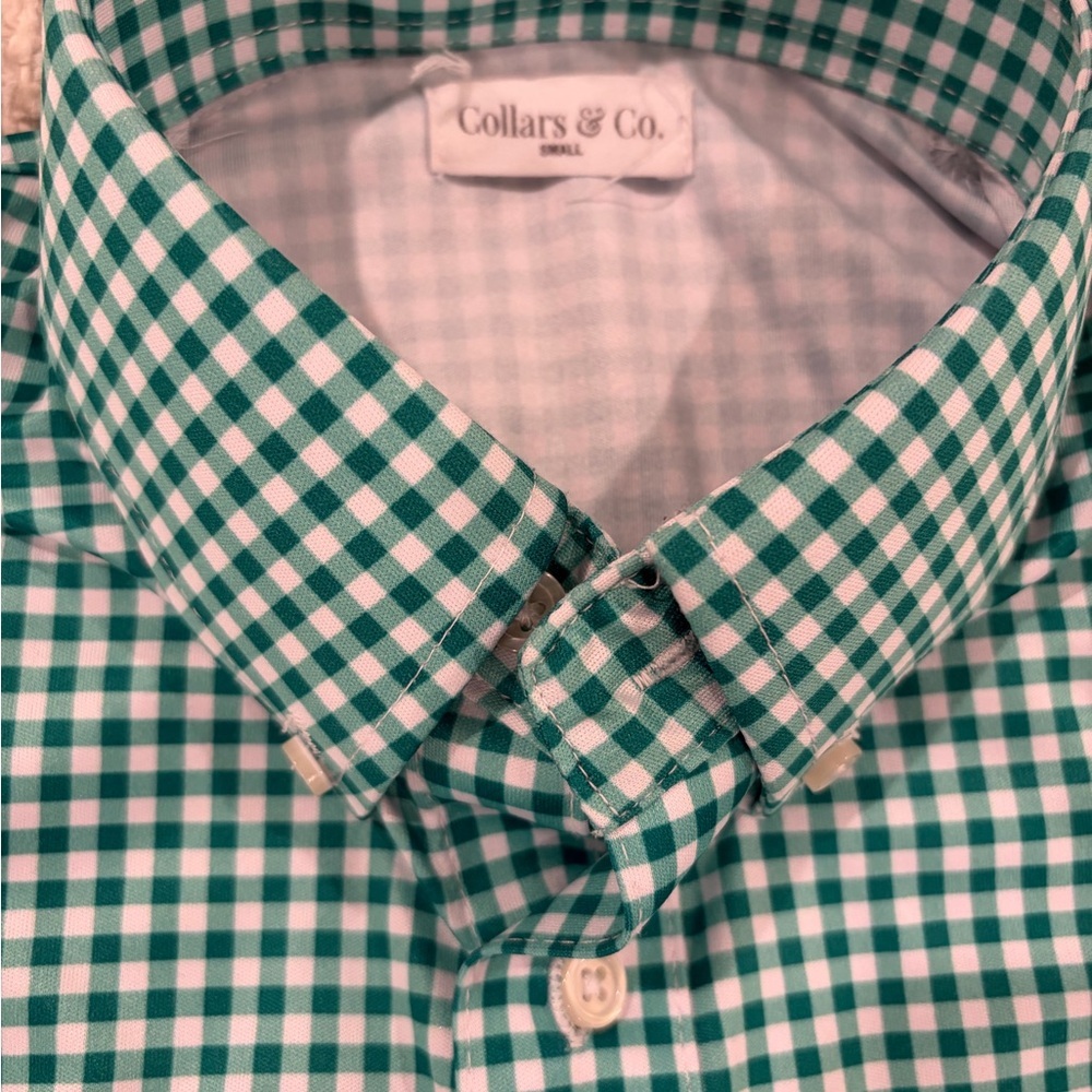Collars & Co Green Gingham Dress Collar Polo Shirt Small Stretch EUC - Picture 3 of 7